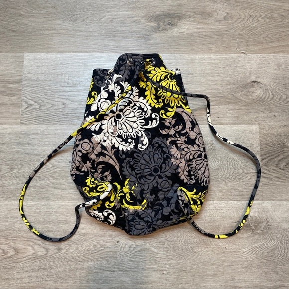 Vera Bradley Quilted Baroque Yellow Black Bucket Drawstring Backpack 14” - Picture 4 of 7